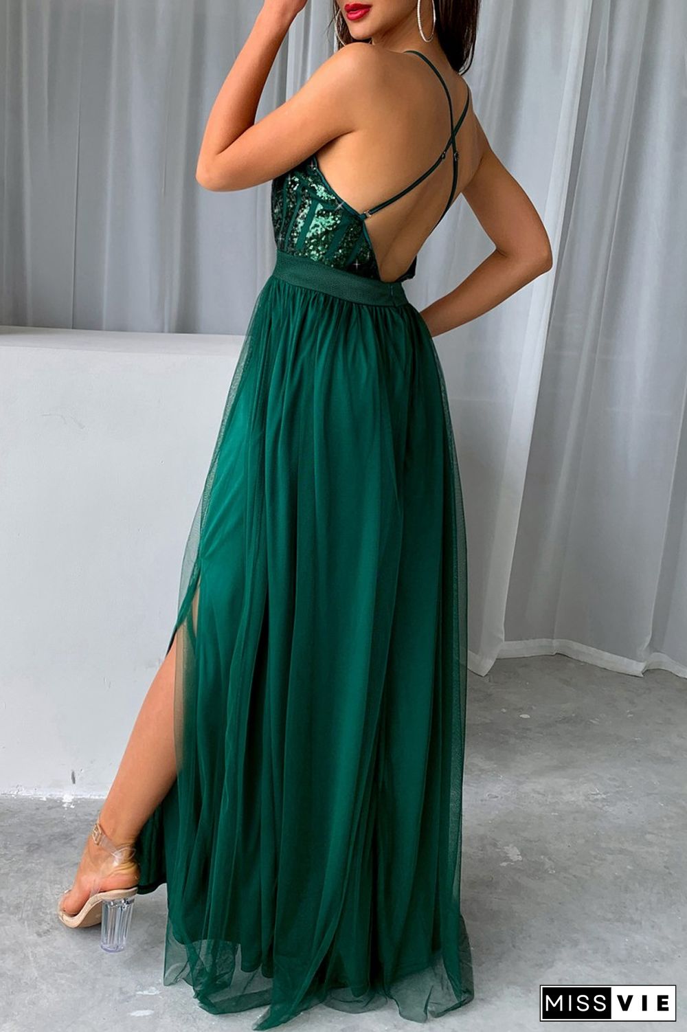 Ink Green Sexy Formal Patchwork Sequins Backless Slit Spaghetti Strap Evening Dress Dresses