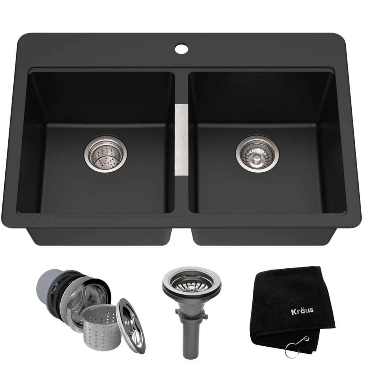 Kraus 33 Inch Dual Mount 50/50 Double Bowl Granite Kitchen Sink w/Topmount and Undermount Installation in Black Onyx