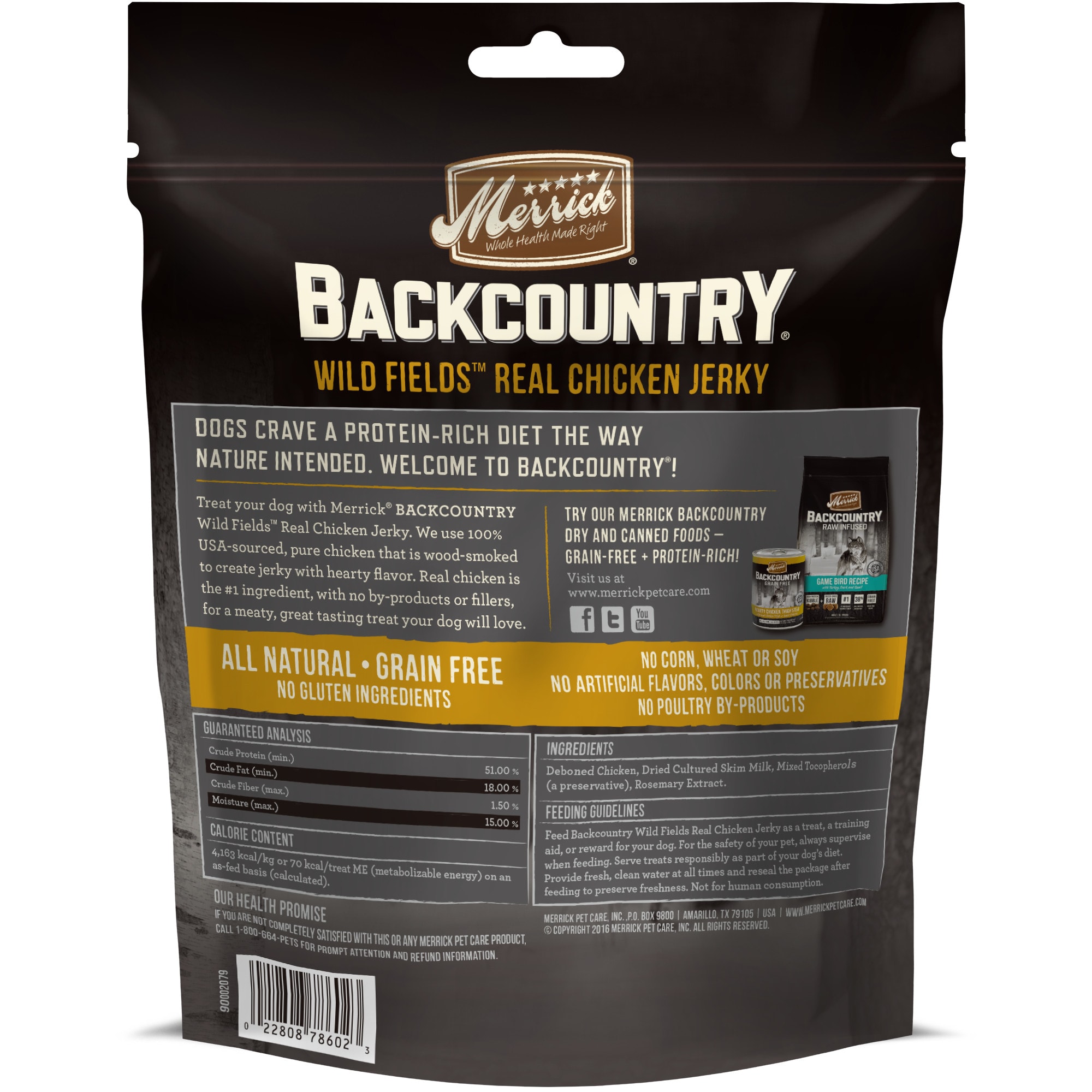 MERRICK Backcountry Wild Prairie Real Chicken Jerky Grain Free Dog Treats， 4.5 oz.