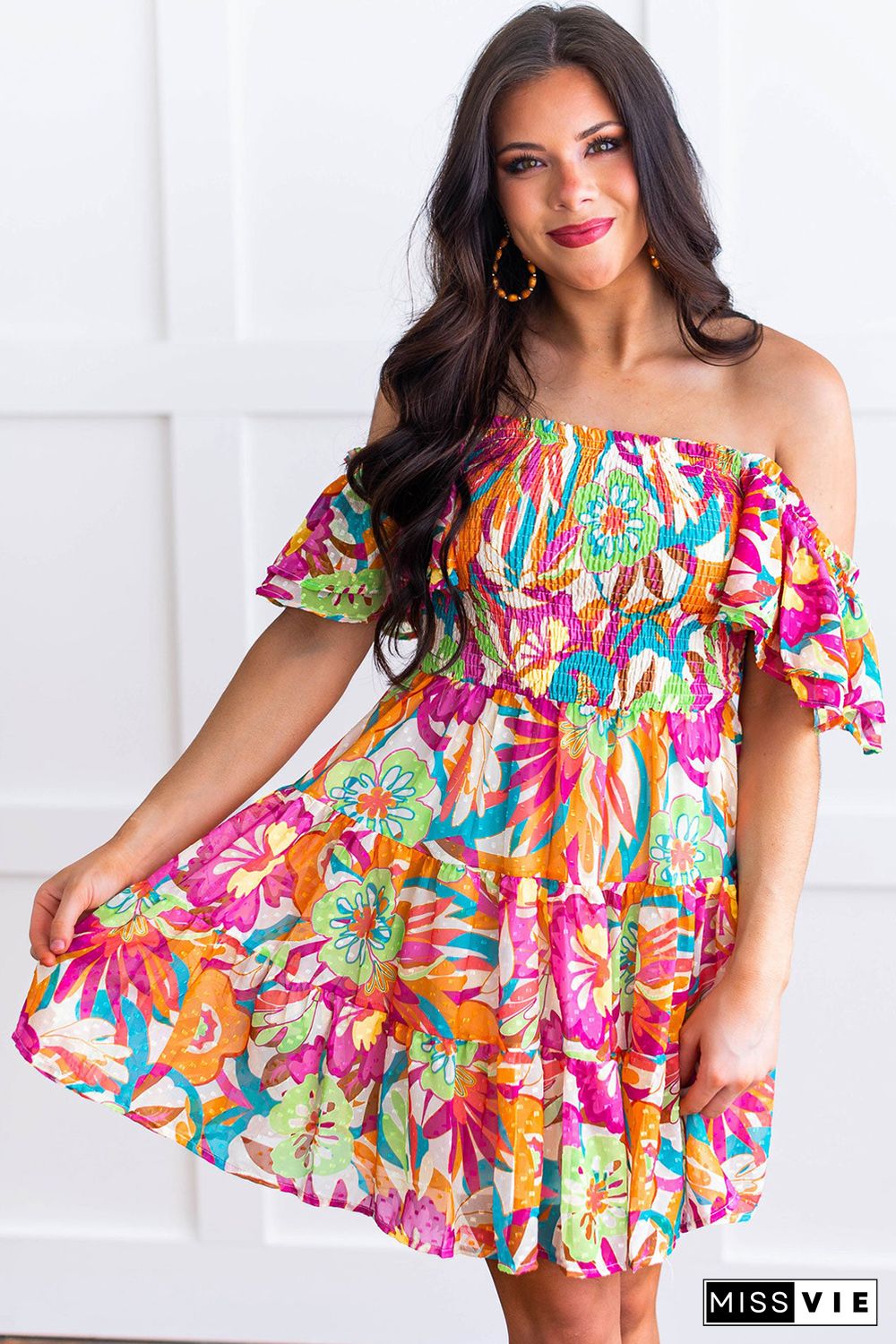 Multicolor Boho Off-shoulder Smocked Tiered Floral Dress