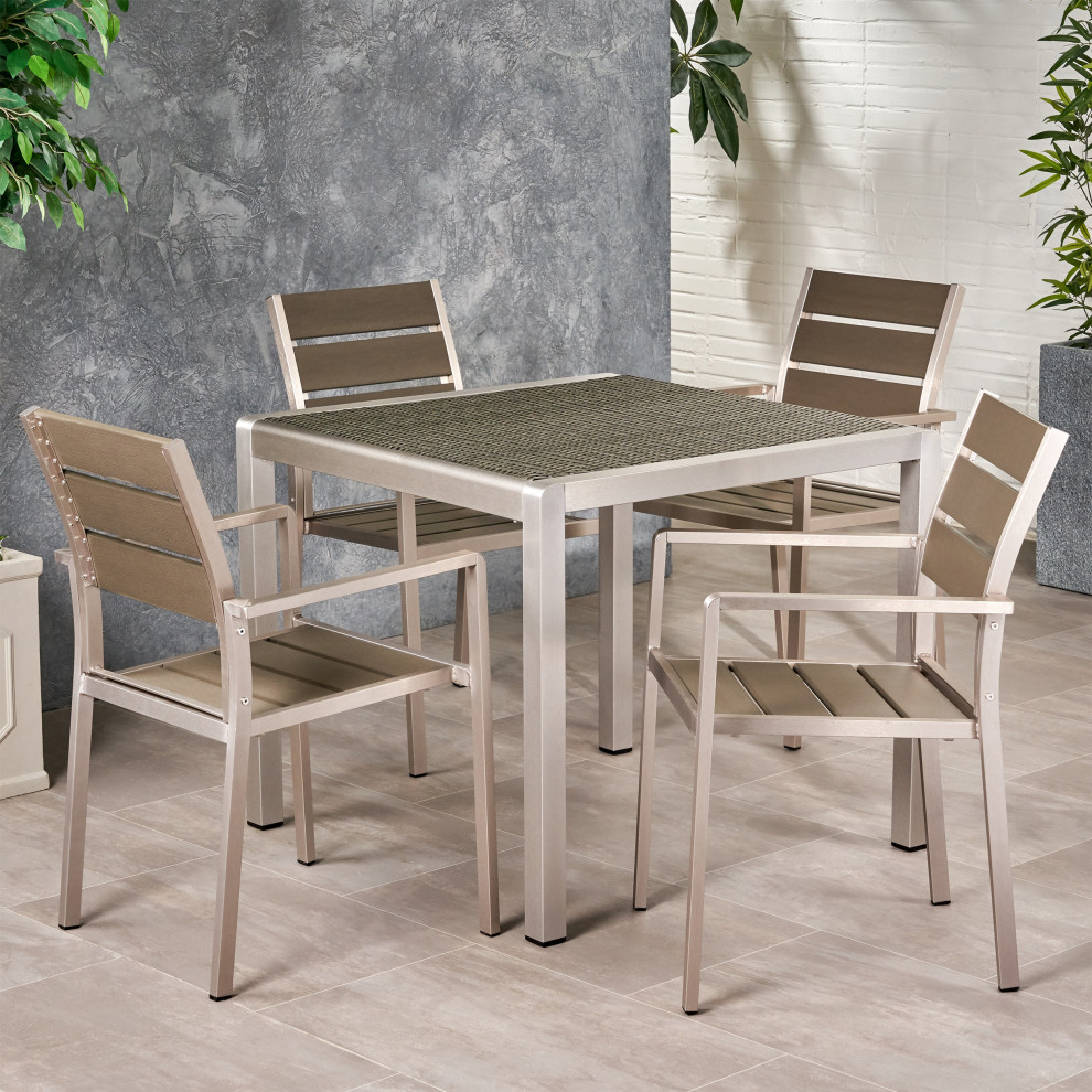 Gaven Outdoor Modern Aluminum 4 Seater Dining Set With Faux Wood Seats   Contemporary   Outdoor Dining Sets   by GDFStudio  Houzz