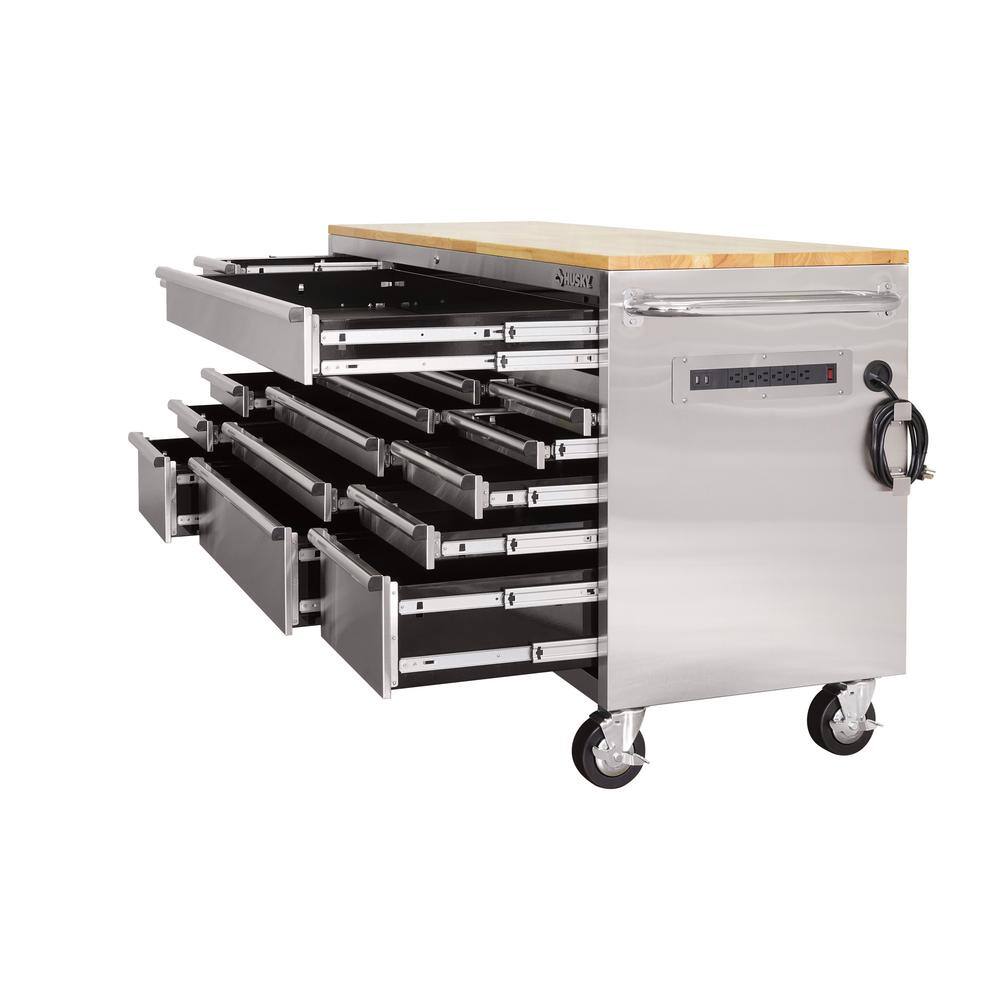 Husky 72 in. x 24 in. D Standard Duty 18-Drawer Mobile Workbench Tool Chest with Solid Wood Top in Stainless Steel HOTC7218JX1M