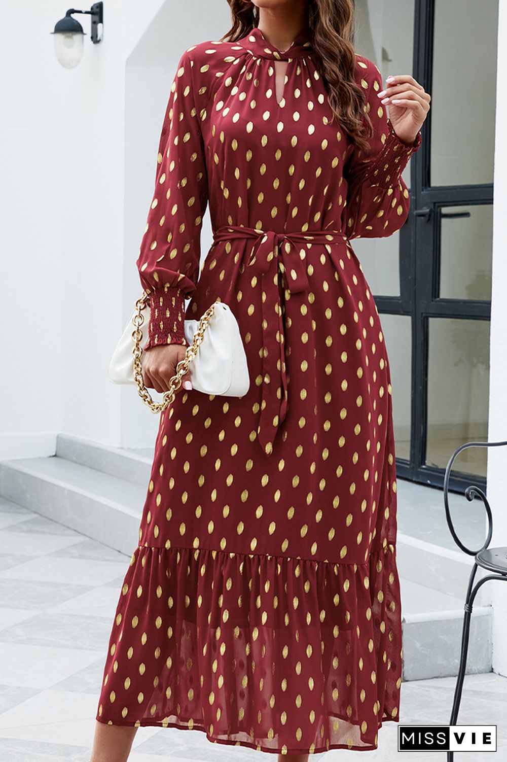 Twisted Collar Foil Spot Print Ruffles Maxi Dress