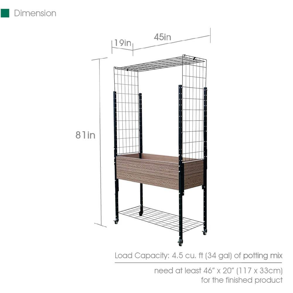 EverBloom 19 in. D x 81 in. H x 45 in. W Brown and Black Composite Mobile Garden Planter Raised Bed w/Trellis Arch and Under Shelf K2102