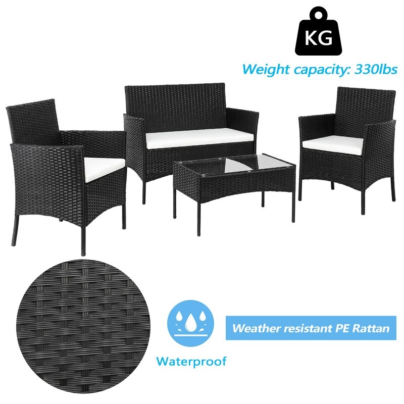 Outdoor 4 Piece Black Wicker Rattan Conversation Set with Beige Cushion