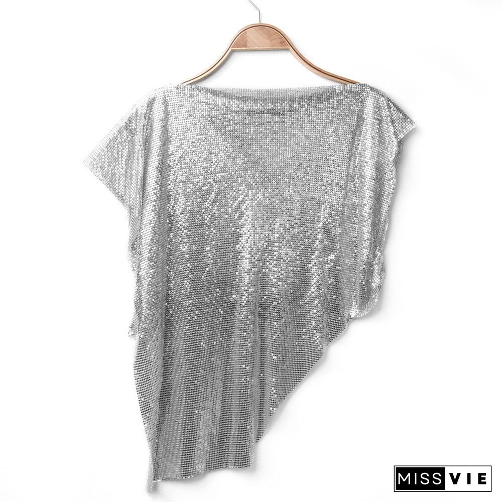 Silver Sexy Metal Short Sleeve Women's T-shirts O Neck Asymmetry Back Hollow Out Tops Clubwear Shine Sequins Hot T Shirt