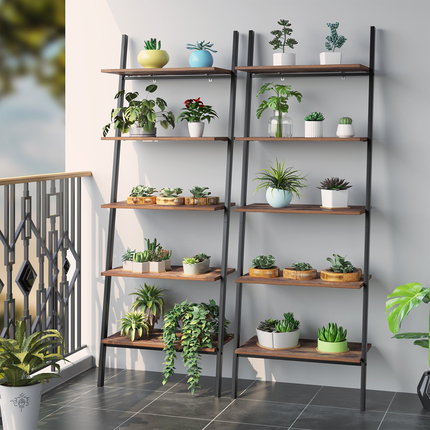 5 Tier Ladder Shelf Plant Flower Stand Leaning Wall Bookcase Storage Bookshelf Multipurpose Storage Organizer Display Rack