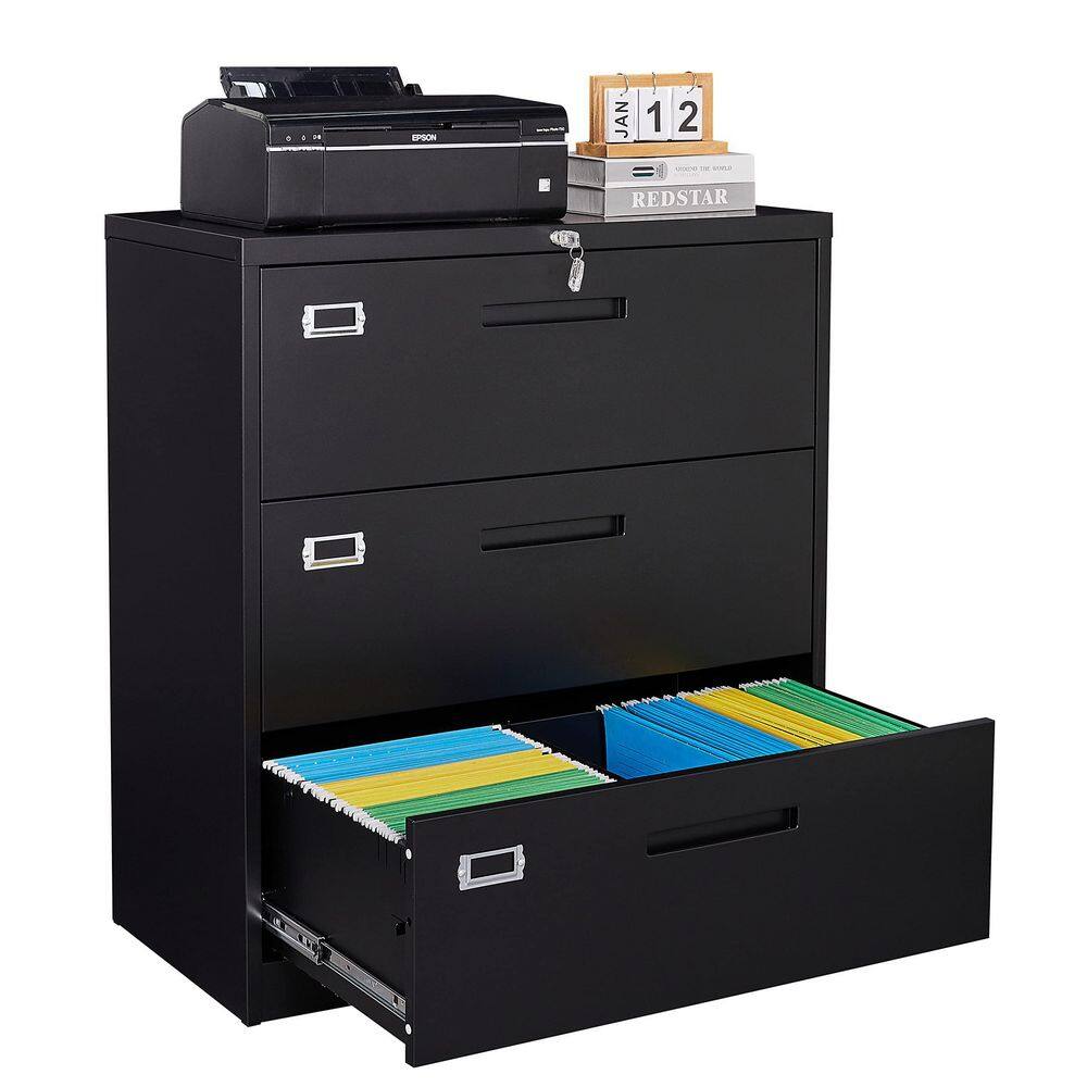 Zeus  Ruta Black File Cabinet 3-Drawer with Lock Locking Metal Lateral Filing Cabinet for Home Office ZeusOffice112BK