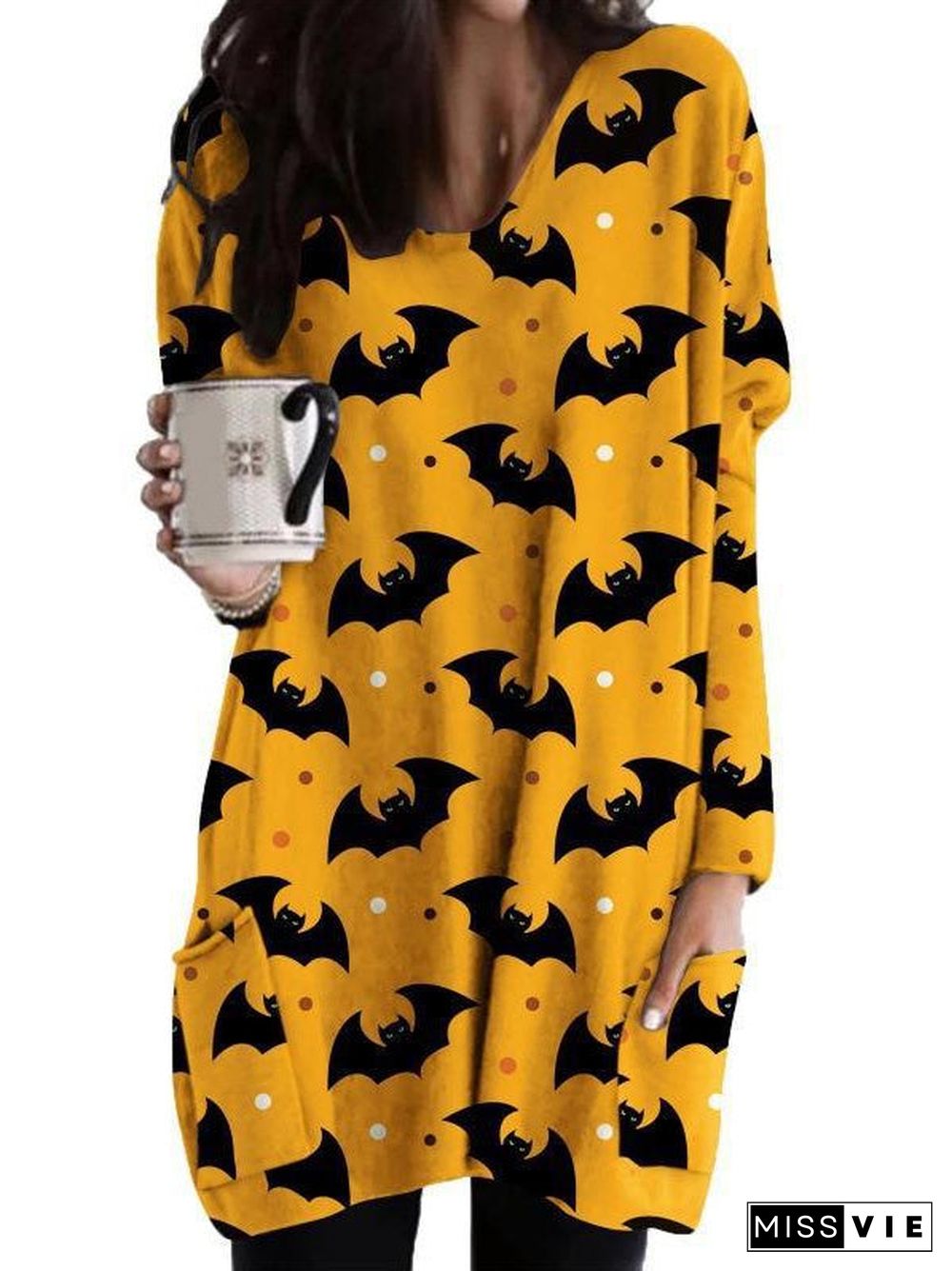 Women's  Halloween Graphic Printed V-Neck Long Sleeve Maxi Dress