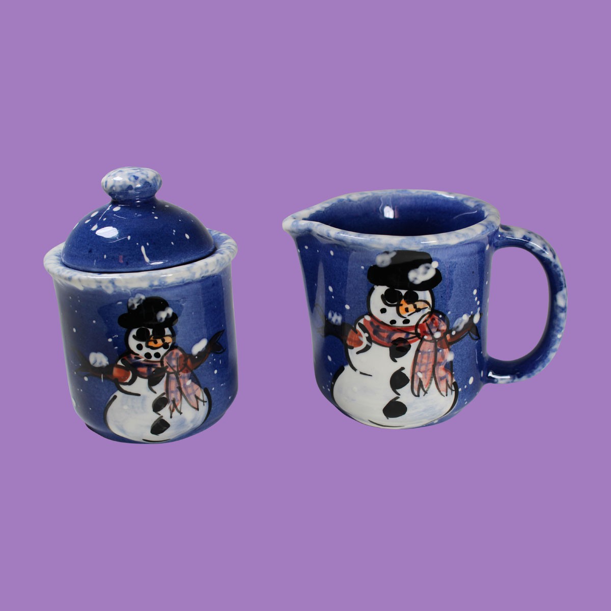 Creamer and Sugar Set Snowman Blue Ceramic Debra Kelly Renovators Supply