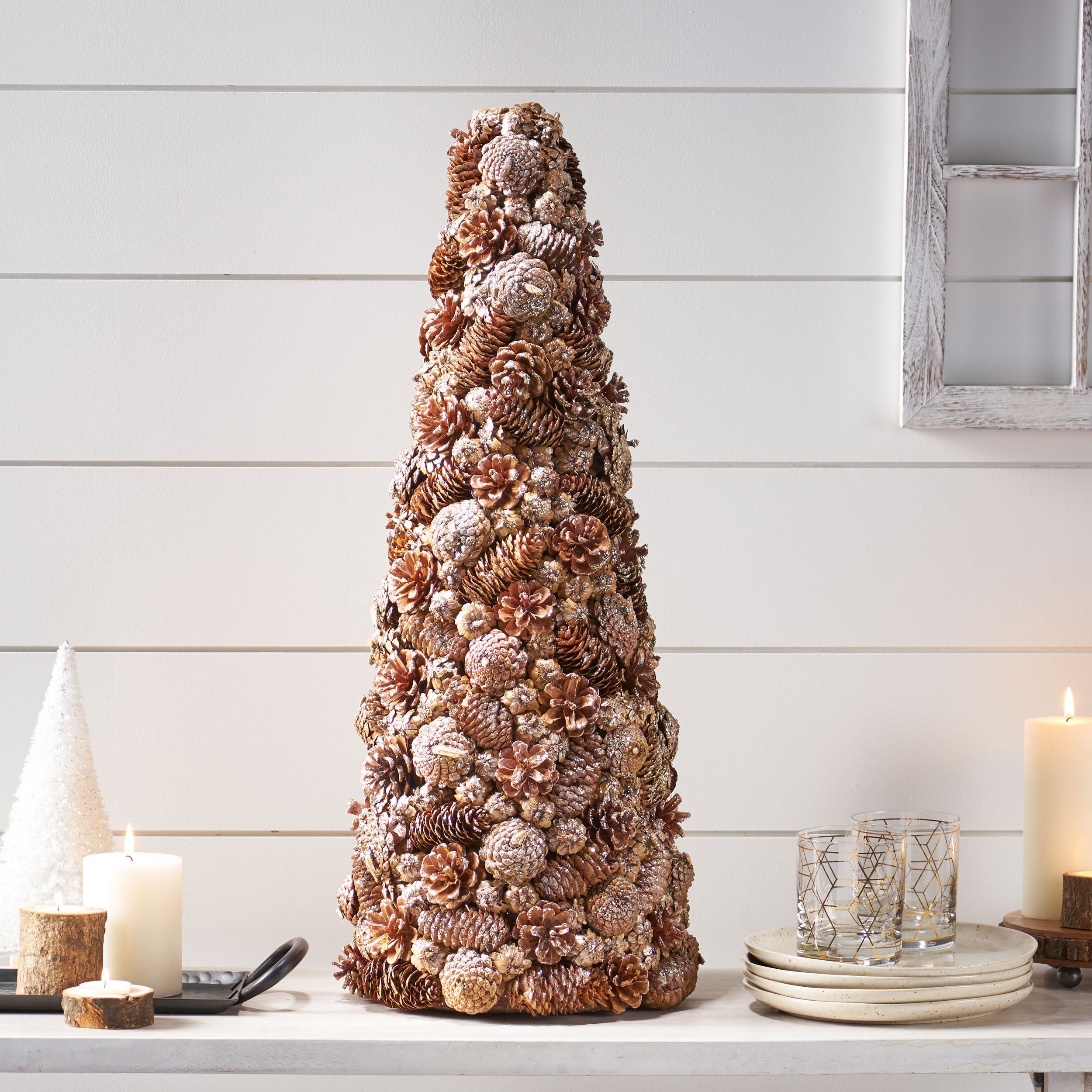 Khadi Pre-Decorated Pine Cone and Glitter Unlit Artificial Tabletop Christmas Tree