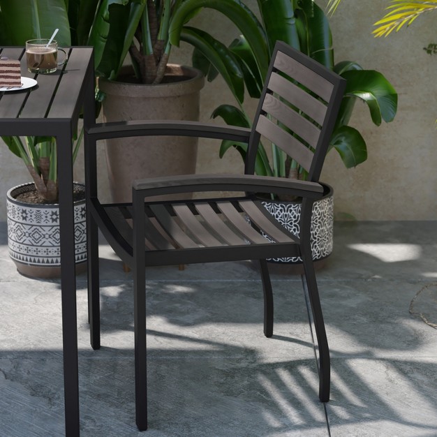 Flash Furniture 2 Pack All weather Black Aluminum Patio Stack Chairs Gray Wash Faux Teak Slats