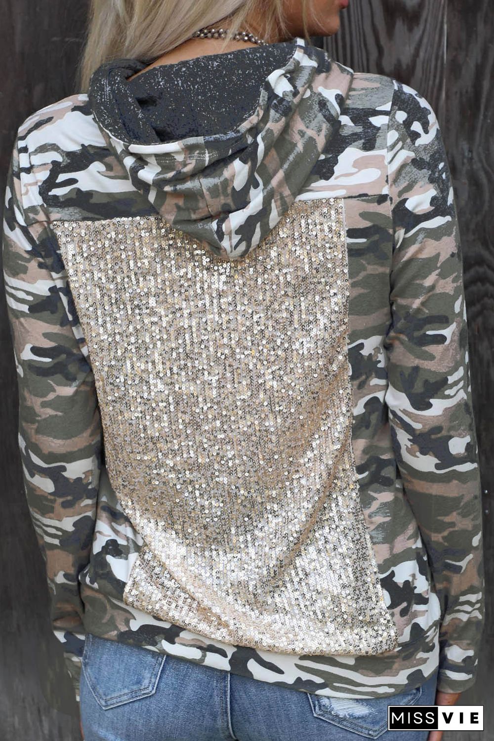 Camouflage Sequins Back Drawstring Hoodie