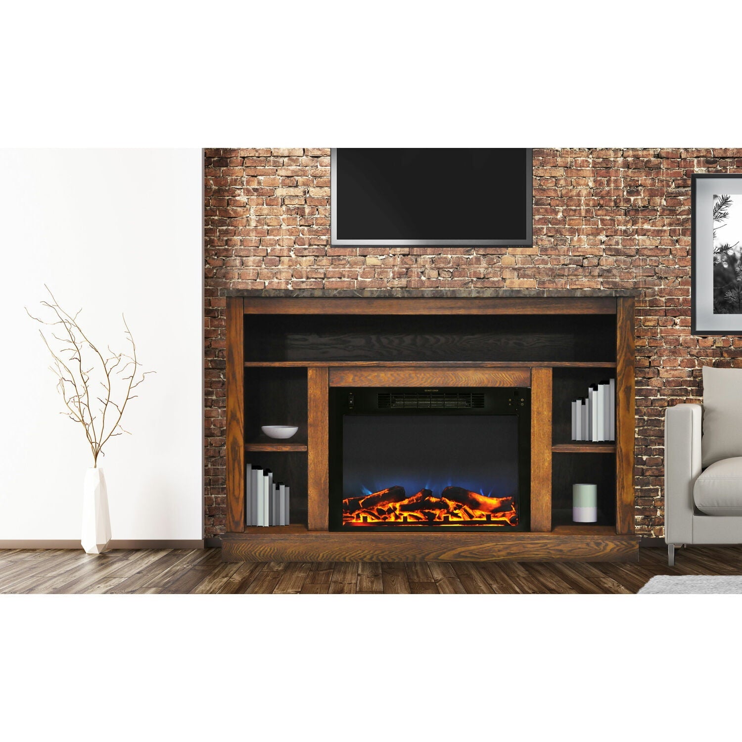 Cambridge Seville 47'' Freestanding Electric Multi-Color LED Fireplace with Log Insert and Remote | Walnut Mantel | For Rooms up to 210 Sq.Ft. | Adjustable Heat Settings | Timer