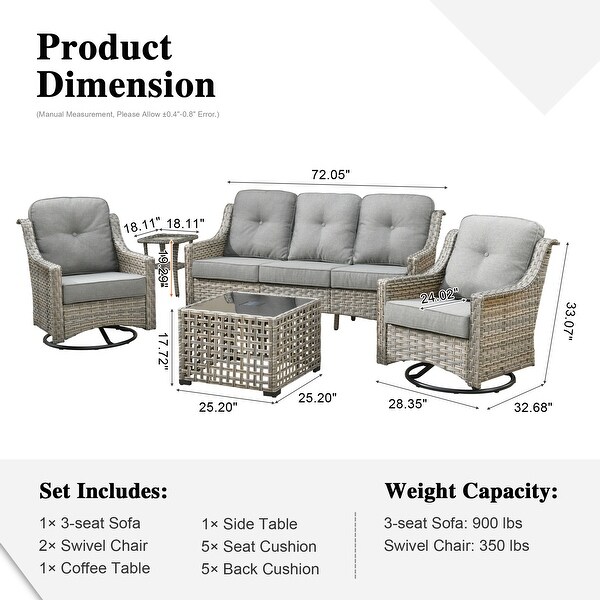 HOOOWOOO 5piece Patio Wicker Furniture Conversation Set with Swivel Chair and Coffee Table