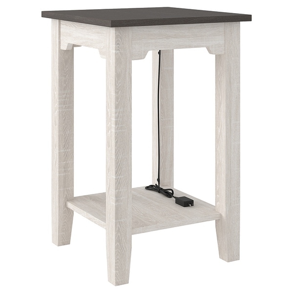 Wooden Side End Table with USB Ports and Power Cord， Antique White and Gray