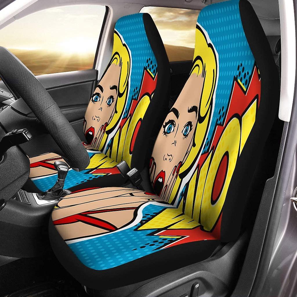 Set Of 2 Car Seat Covers Pop Surprised Blond Woman Face Open Mouth Comic Speech Universal Auto Front Seats Protector Fits