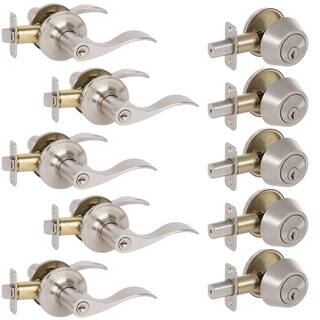 DELANEY HARDWARE 5-Bennett Satin Nickel Entry Door Handles and 5-Satin Nickel Single Cylinder Deadbolt All Keyed Alike BN3001R-PP