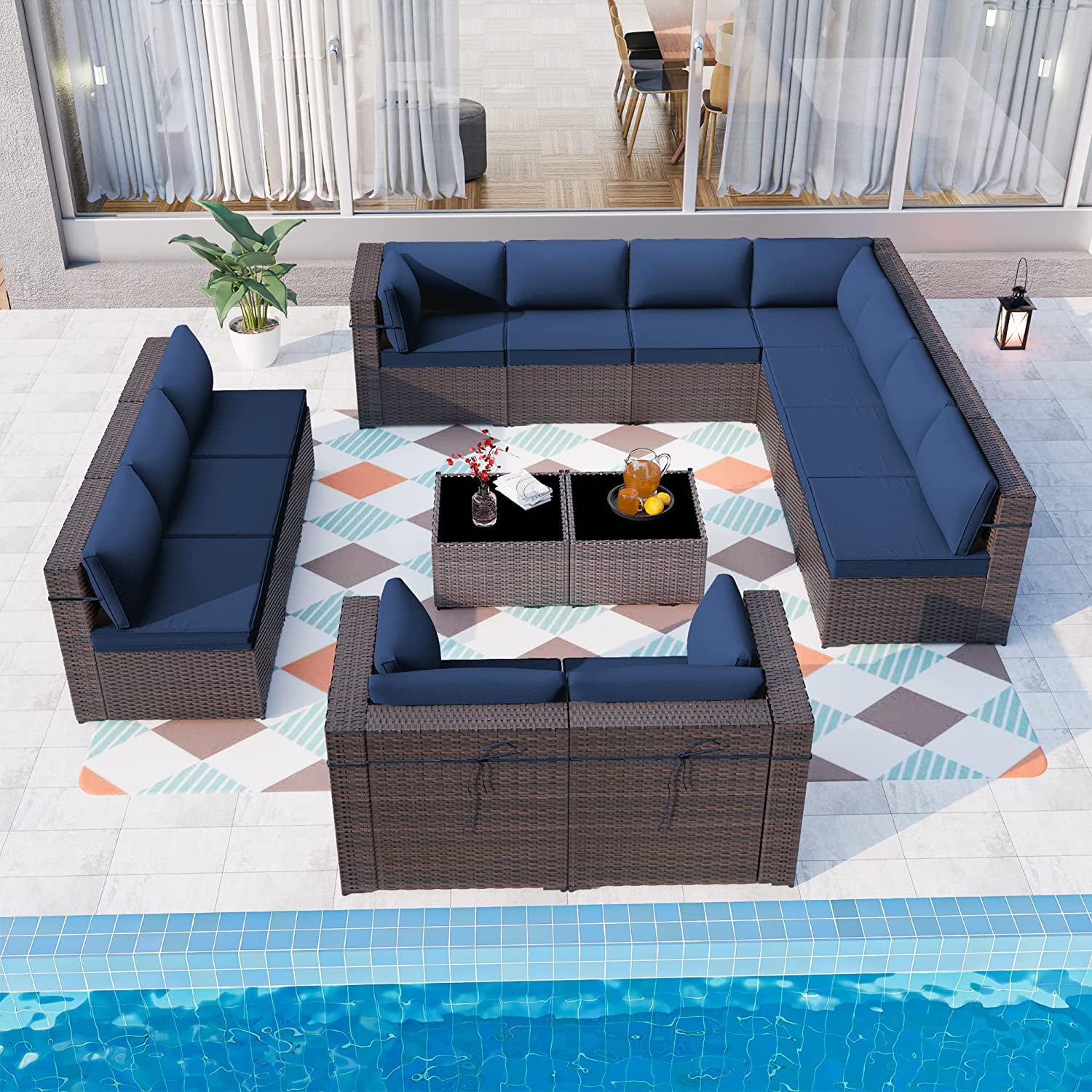 Gotland Outdoor Patio Furniture Set 14 Pieces Sectional Rattan Sofa Set PE Rattan Wicker Patio Conversation Set with Seat Cushions and Tempered Glass Table,navy blue