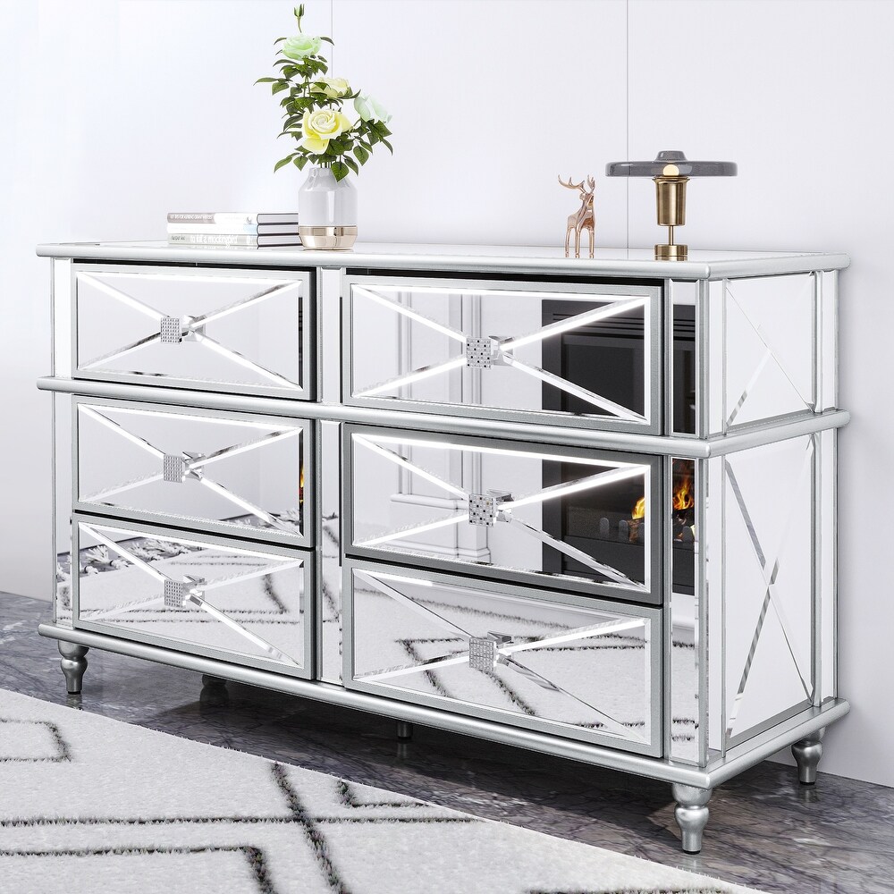 Modern 6 Drawer Mirrored Storage Chest Dresser Sideboard Cabinet