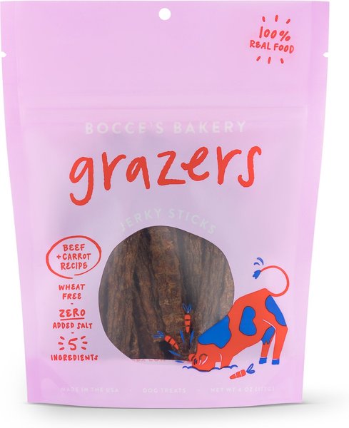 Bocce's Bakery Grazers Beef Jerky Dog Treats， 4-oz pouch