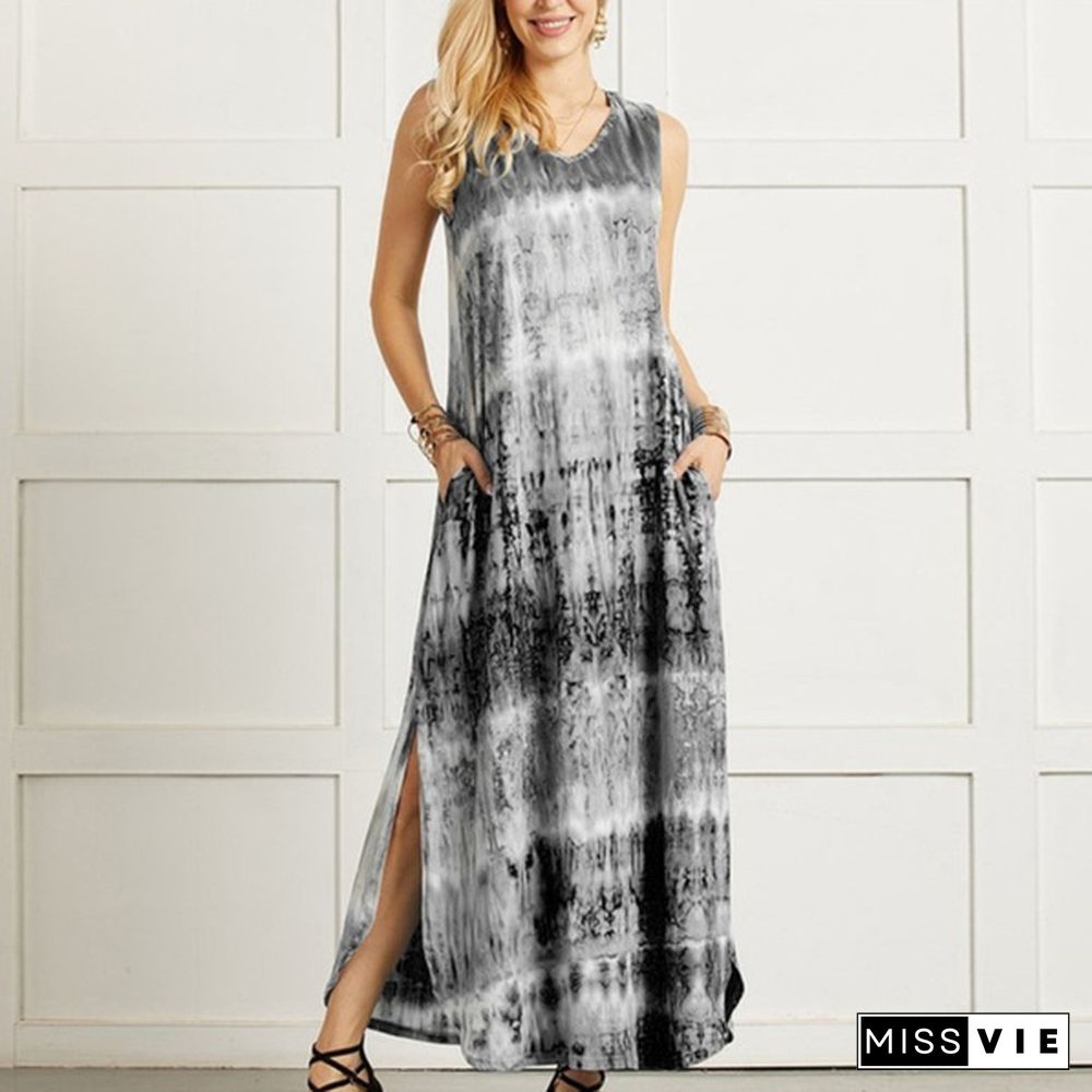 Womens Bohemia Sleeveless Maxi Dress Summer Casual Loose Tie Dye Printing Long Sundress Plus Size