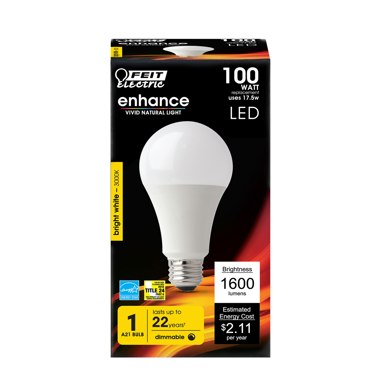 Feit A21 E26 (Medium) LED Bulb Bright White 100 Watt Equivalence 1 pk