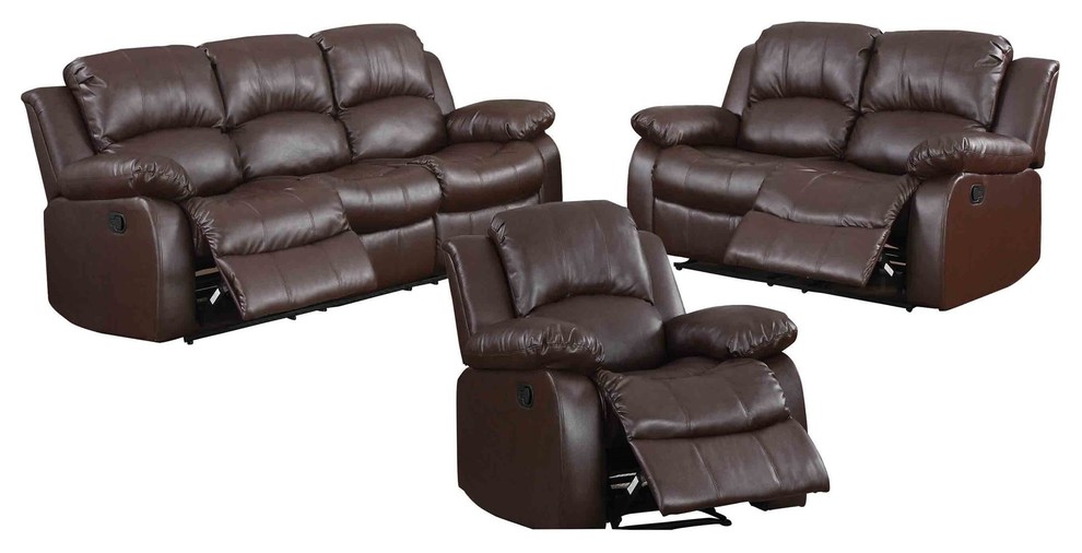 3 Piece Ciabola Set Double Reclining Sofa  Love Seat  Chair Leather Brown   Transitional   Living Room Furniture Sets   by AMOC  Houzz