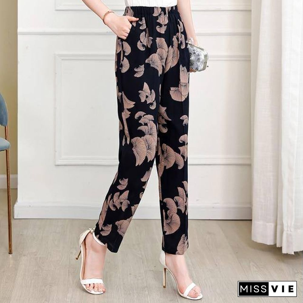 22 Colors Women Summer Casual Pencil Pants XL-5XL Plus Size High Waist Pants Printed Elastic Waist Middle Aged Women Pants