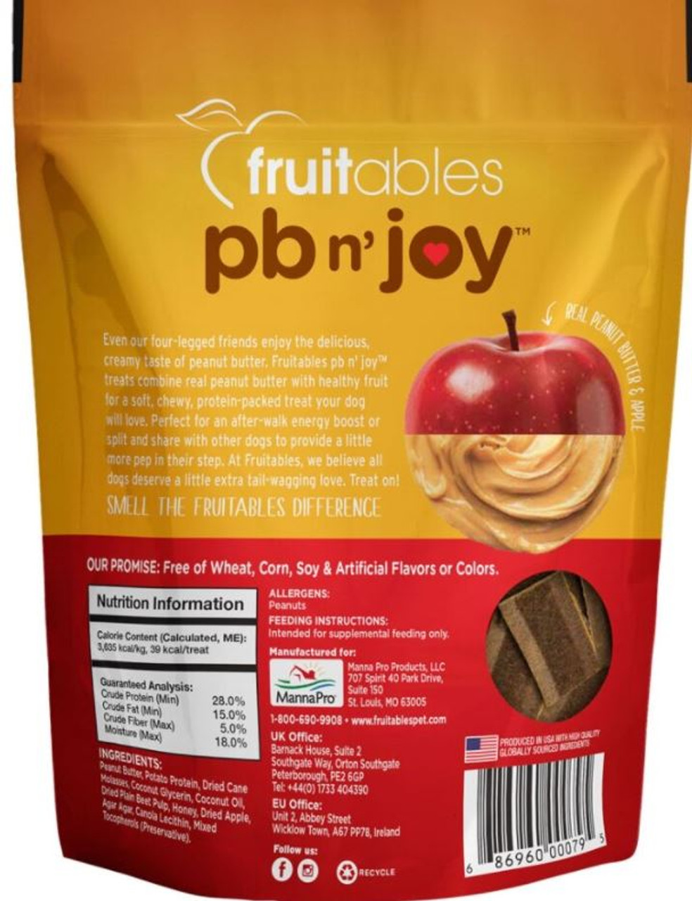 Fruitables Pb N' Joy Peanut Butter and Apple Dog Treats， 6oz. Bag