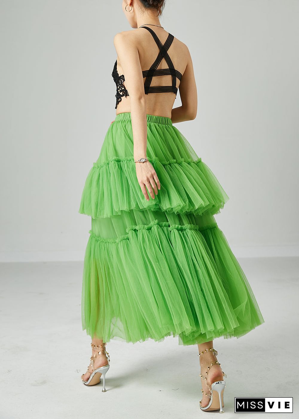 Boho Green Elastic Waist Patchwork Wrinkled Tulle Skirts Summer