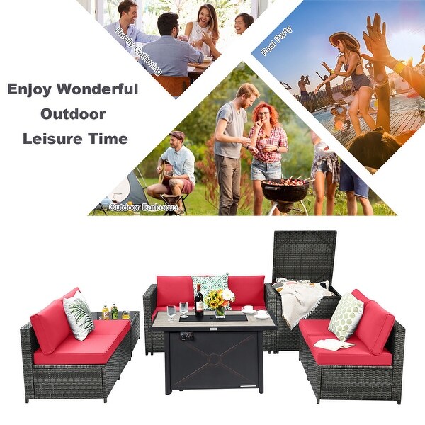 Gymax 9 PCS Patio Rattan Furniture Set Fire Pit Table Storage Black W/