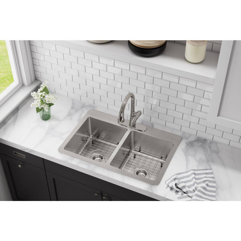 Elkay Avenue Drop-inUndermount Stainless Steel 33 in. 5050 Double Bowl Kitchen Sink with Bottom Grid and Drains VBTHD168