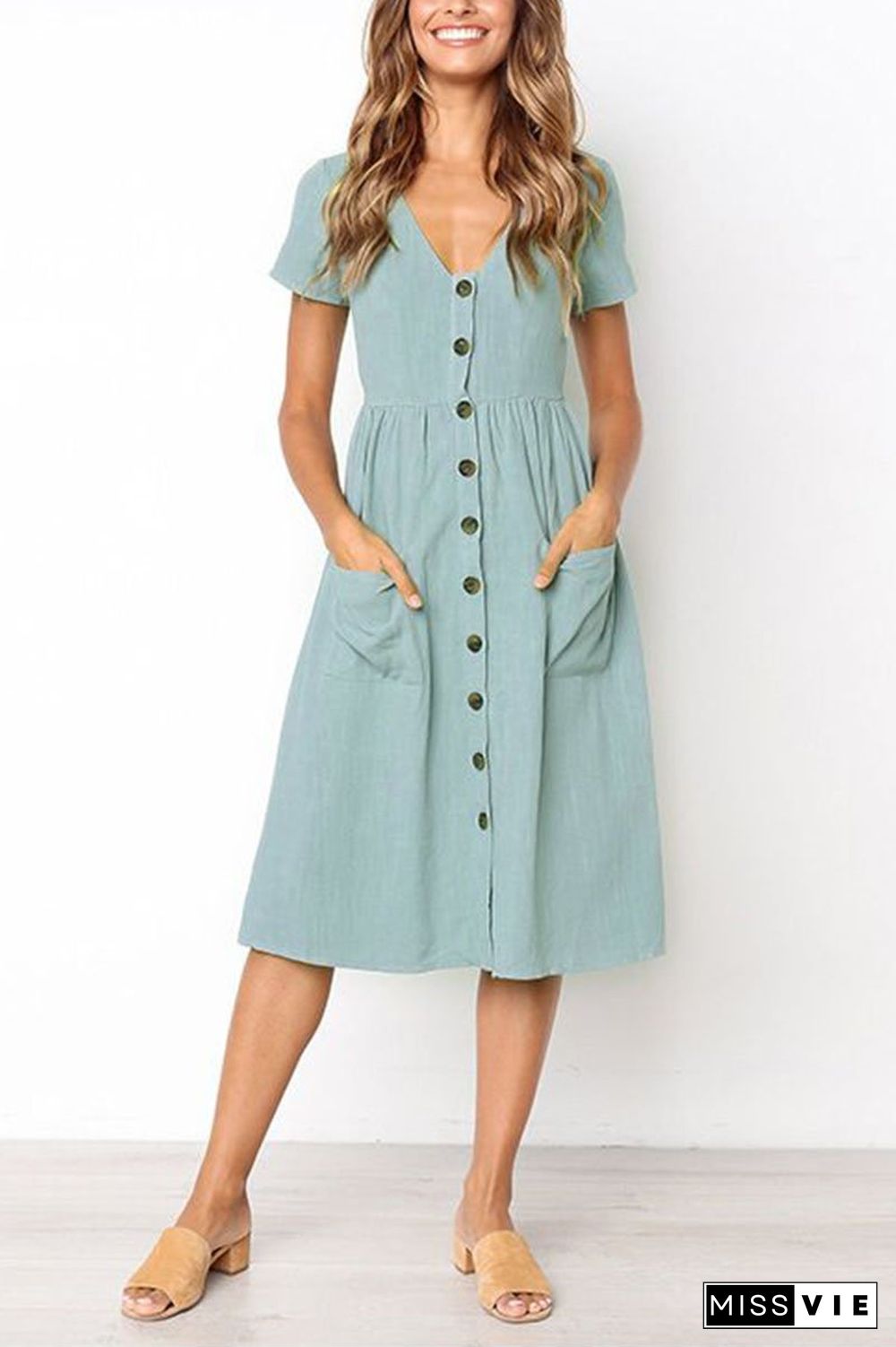 V-Neck Pocket Midi Dress(4 Colors)