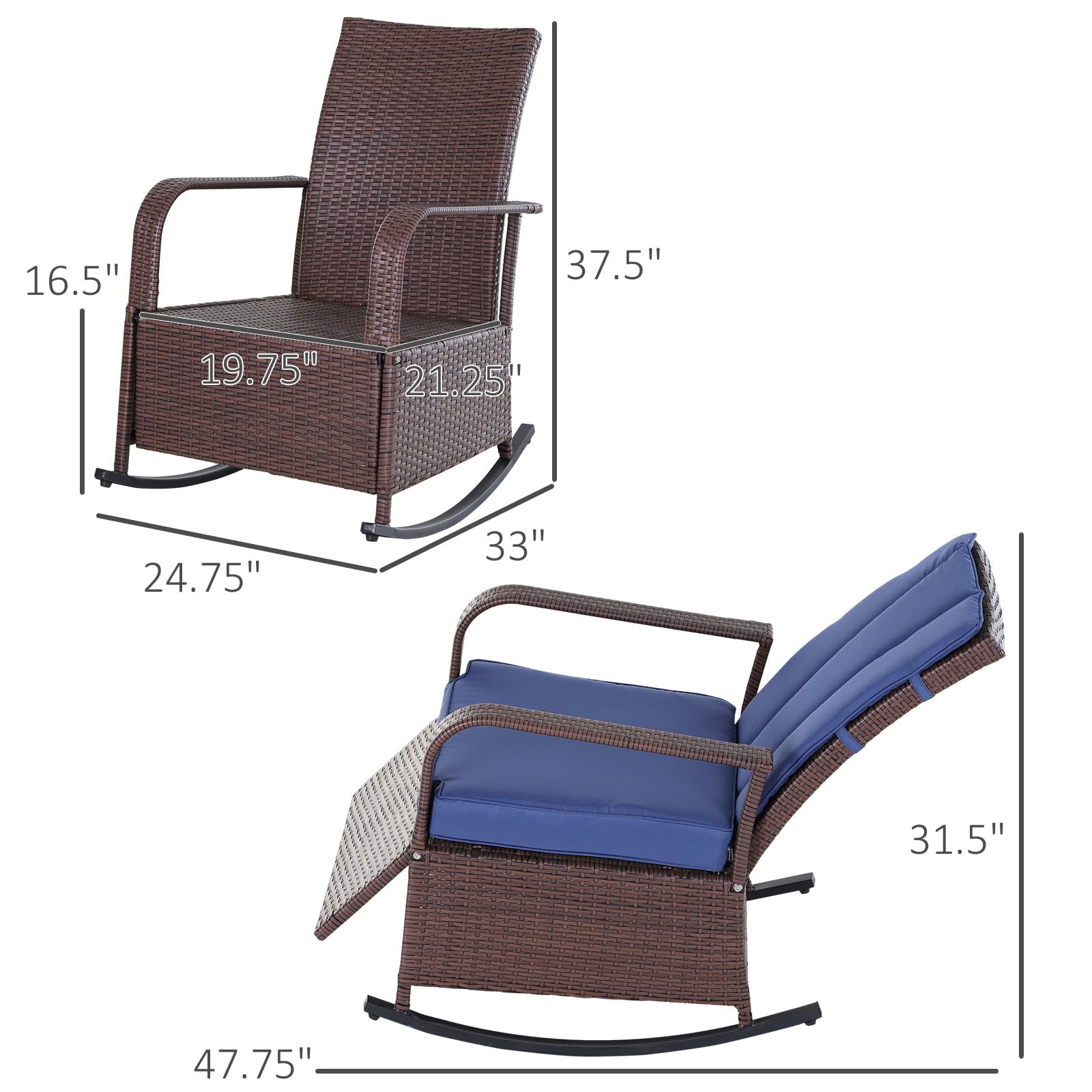 Outsunny Outdoor Rattan Recliner Rocking Chair Cushioned With Footrest