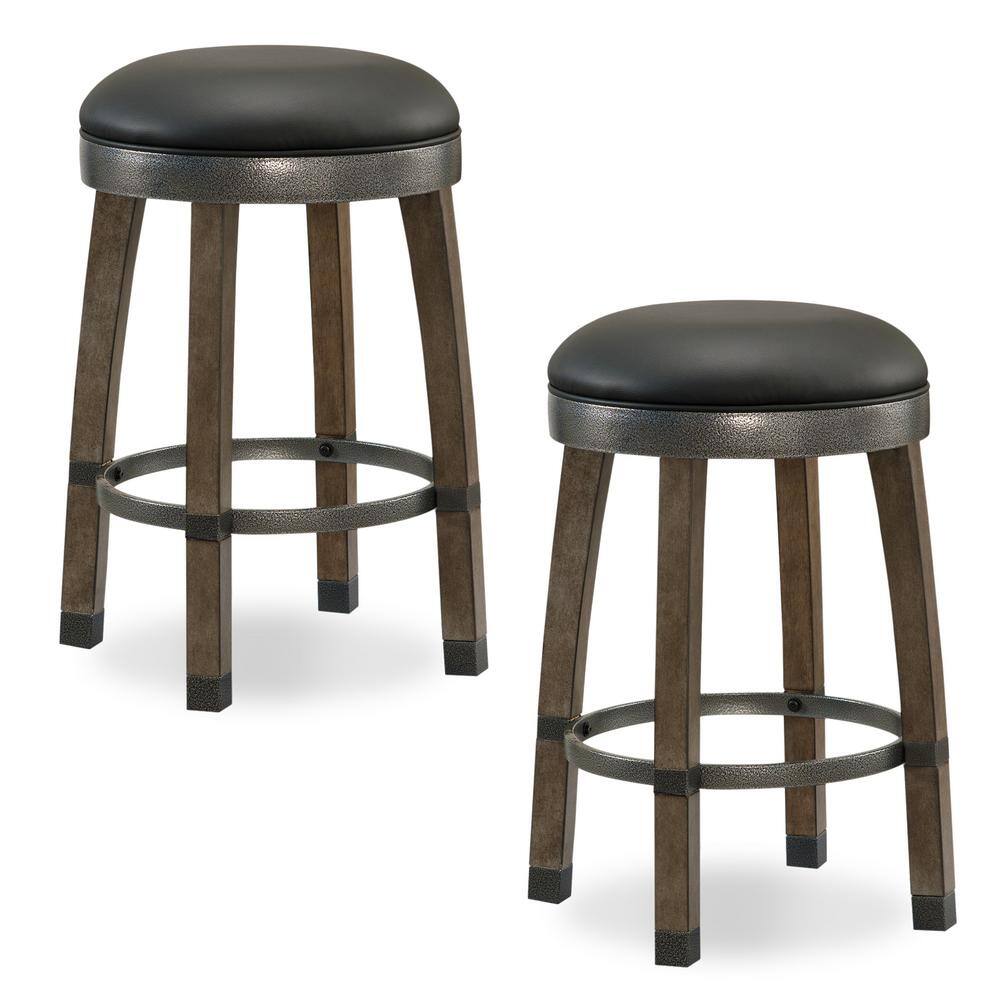 Leick Home Favorite Finds Graystone Wood Cask Stave Counter Height Stool with Black Faux Leather Seat (Pack of 2) 10118GSBL