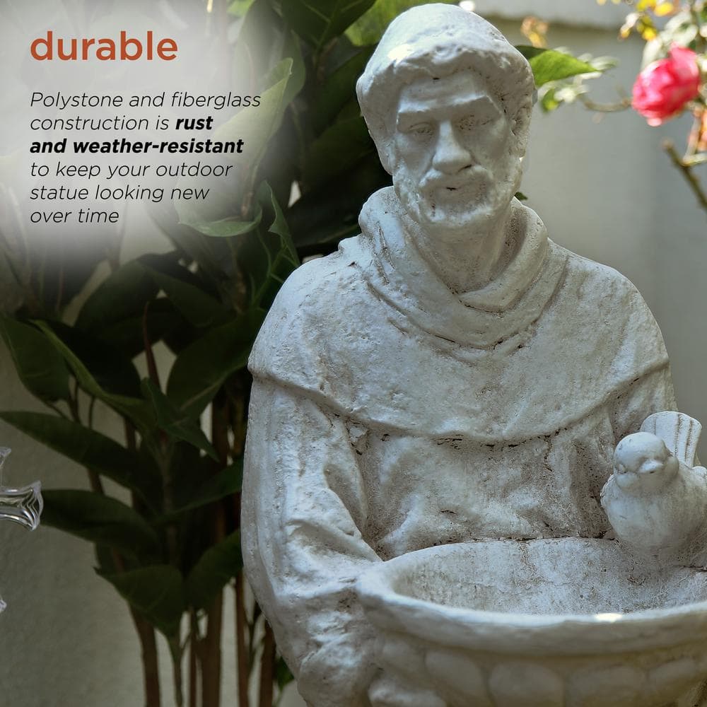 Alpine Corporation 45 in. Tall Outdoor Saint Francis Birdbath Statue Yard Art Decoration, Light Gray QFC106