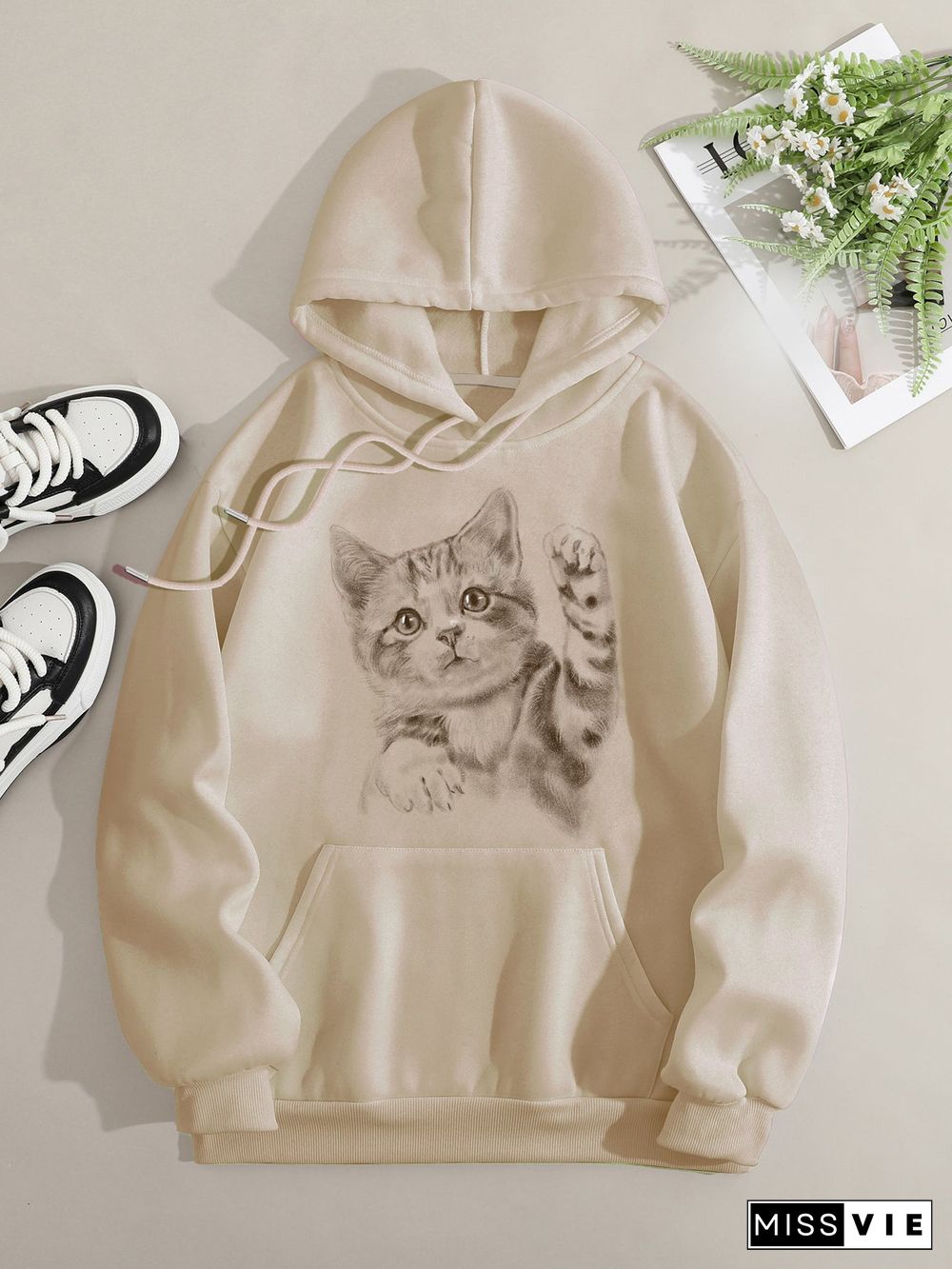 Printed on front Kangaroo Pocket Hoodie Long Sleeve for Women Pattern Cat saying hello