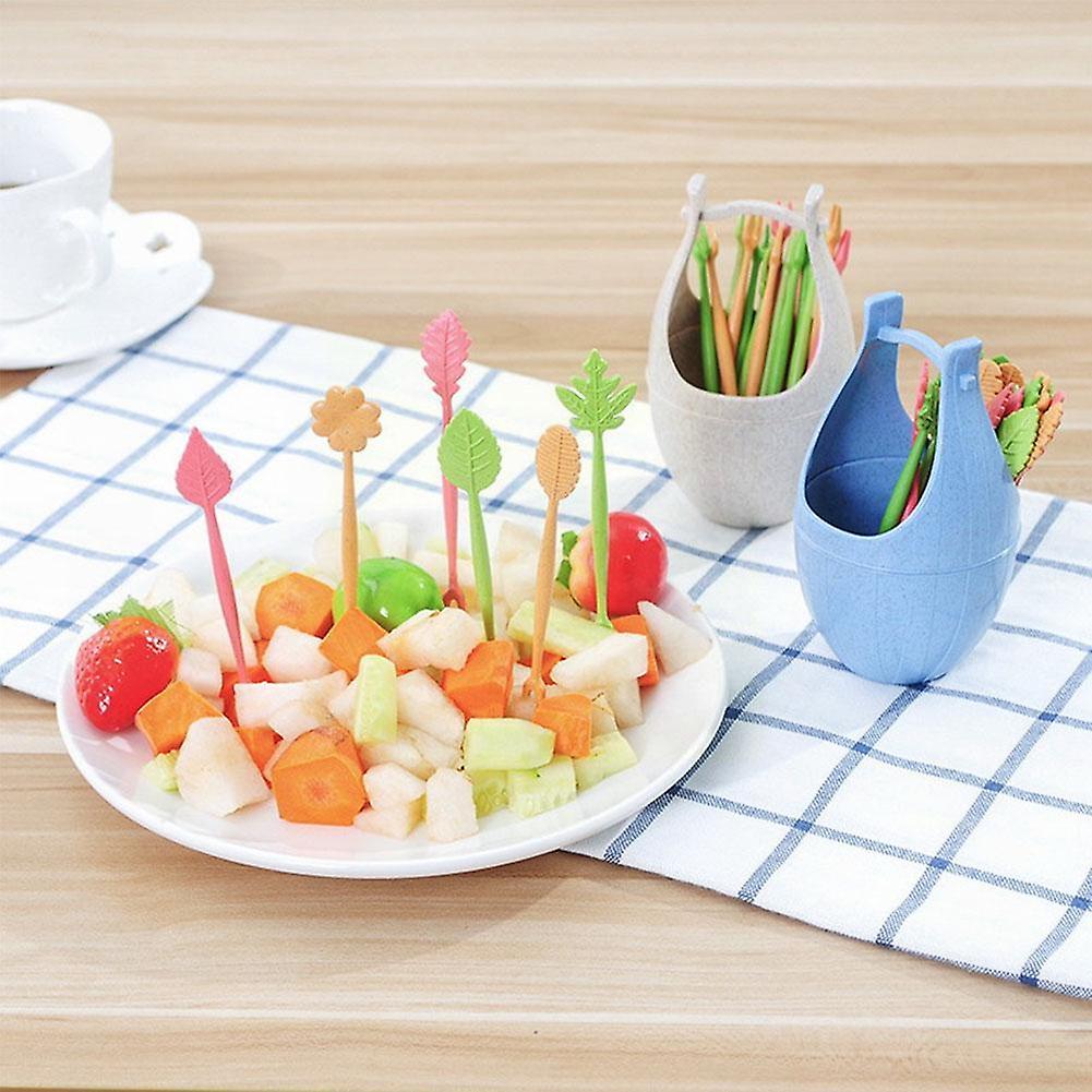 Macaron Colored Wooden Barrel Leaves Fruit Fork Wheat Stem And Fruit Orange Dessert Tube Convenient Insert Fruit Beautiful B8o3