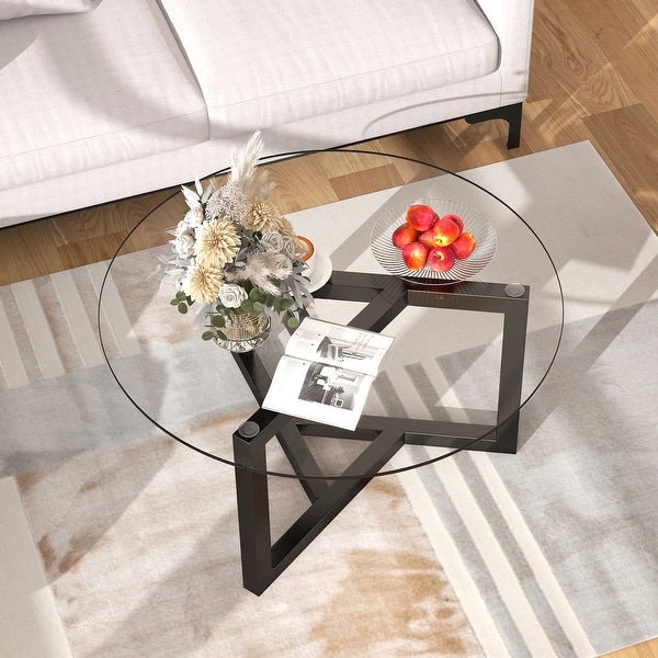 Modern Wood Round Coffee Table with Geometric Legs ，Glass Top