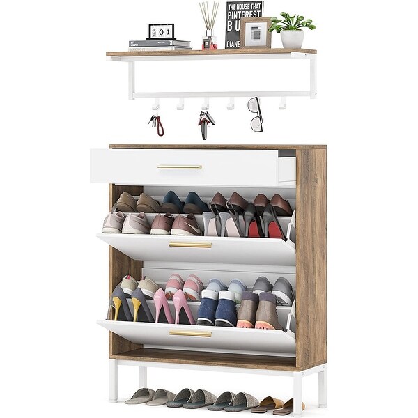 Shoe Cabinet Flip Drawer and Wall Mounted Coat Shelf Set - - 36100544