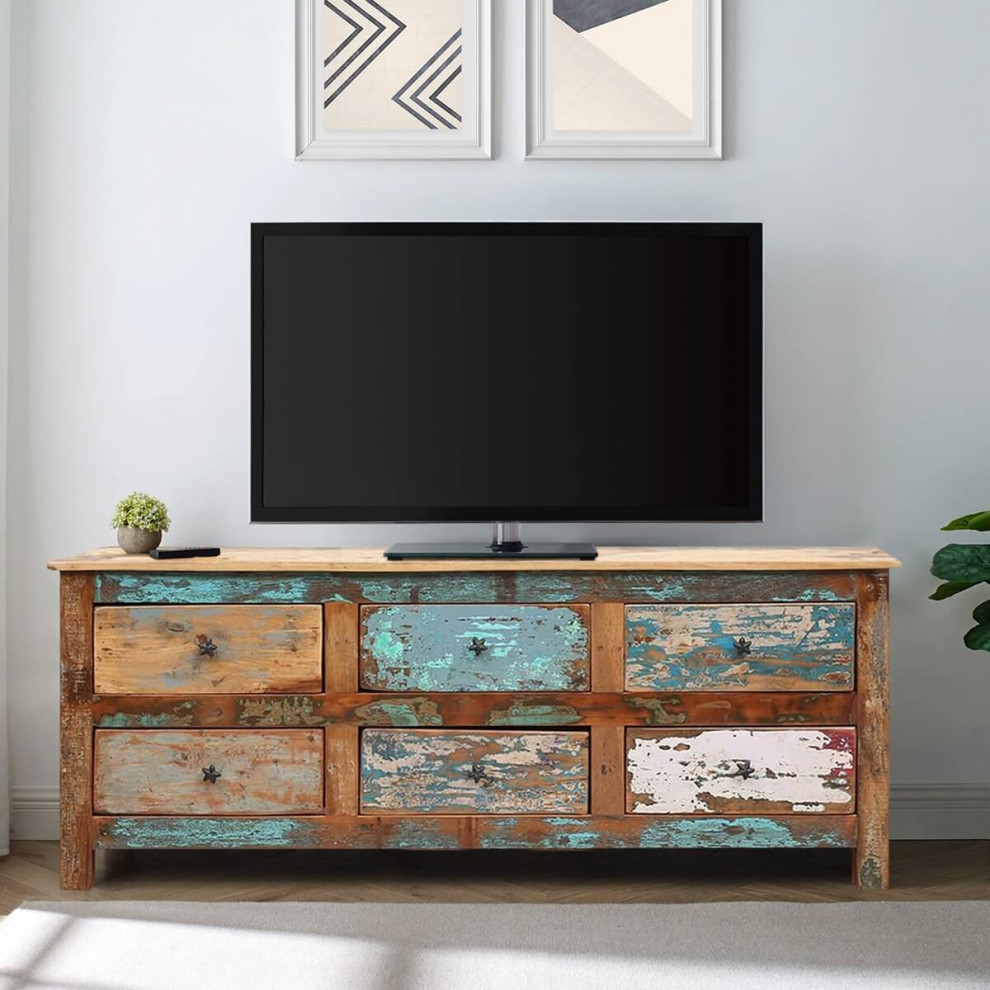 Weyand Distressed Reclaimed Wood 60 quotLarge TV Stand With Drawers   Farmhouse   Entertainment Centers And Tv Stands   by Sierra Living Concepts Inc  Houzz