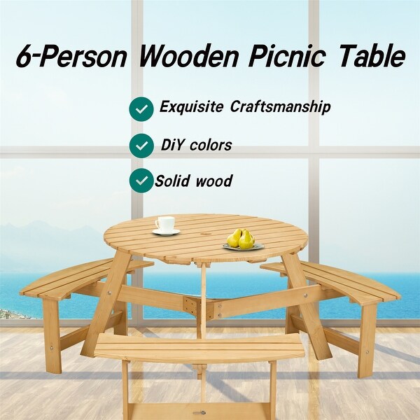 Outdoor Round Picnic Table with 3 Builtin Benches and Umbrella Hole