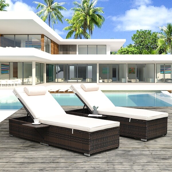 Wicker Chaise Lounge Outdoor Set of 2 with Cup Holder and Cushions