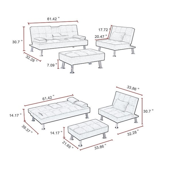 3 Pc Convertible Fabric Folding Sofa Bed with 2 Cup Holders and Removable Armrest and Single Sofabed with Ottoman