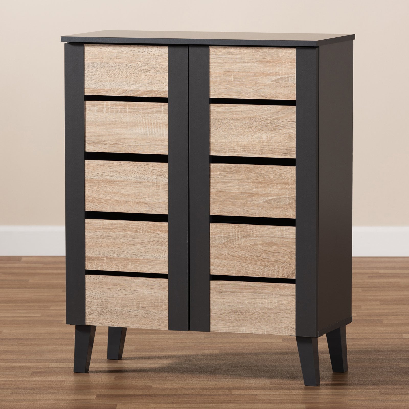 Contemporary Two-Tone Oak Brown and Dark Gray 2-Door Wood Entryway Shoe Storage Cabinet