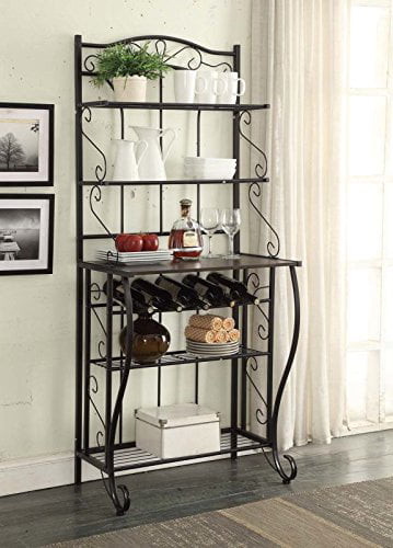 5-Tier Black Metal Cappuccino Finish Shelf Kitchen Bakers Rack Scroll Design with 5 Bottles Wine Storage