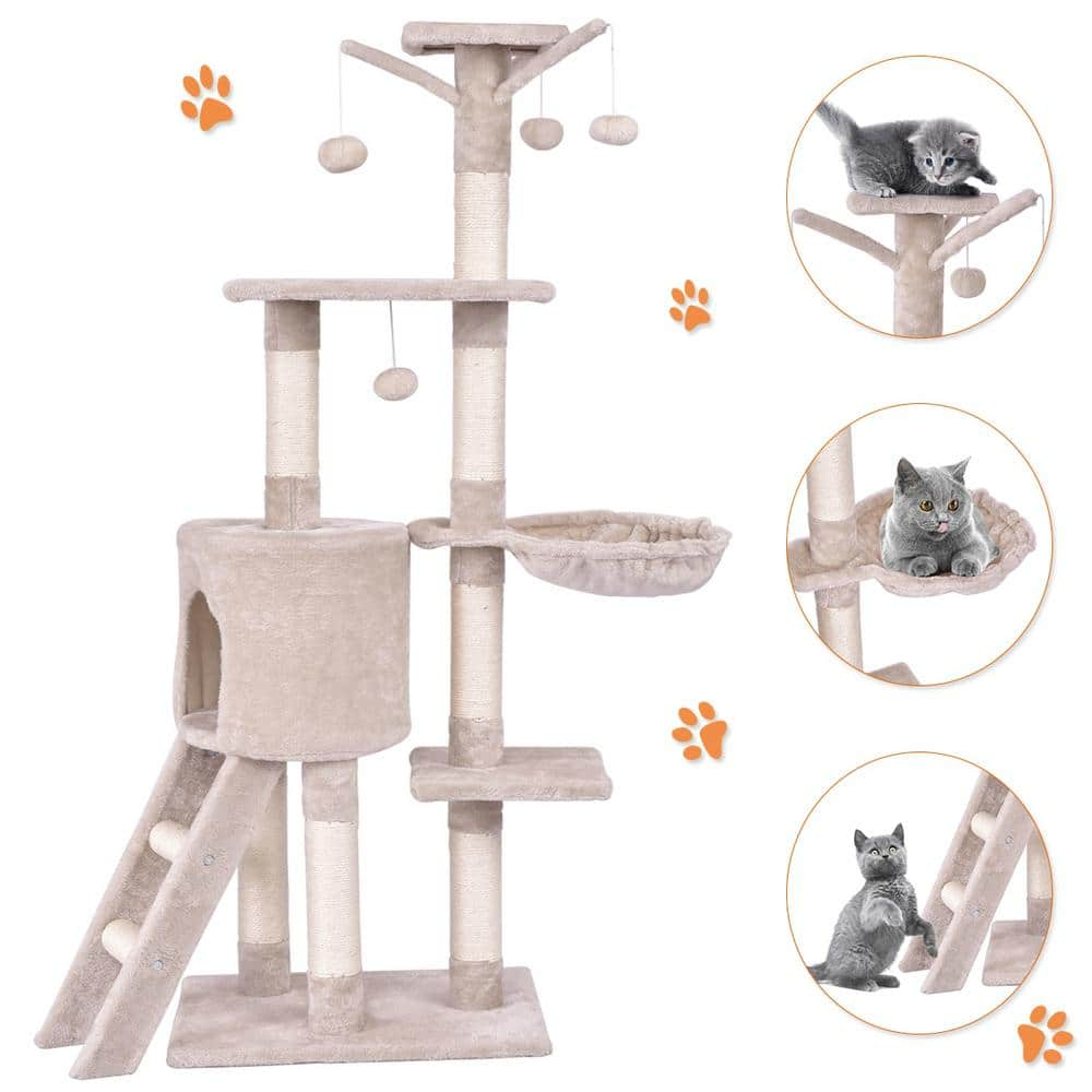 WELLFOR Beige Cat Trees and Scratch Posts Furniture Cover Kitten Climbing Tower Cat Condo with Sisal-Covered Posts and Ladder PS-HWY-7389BE