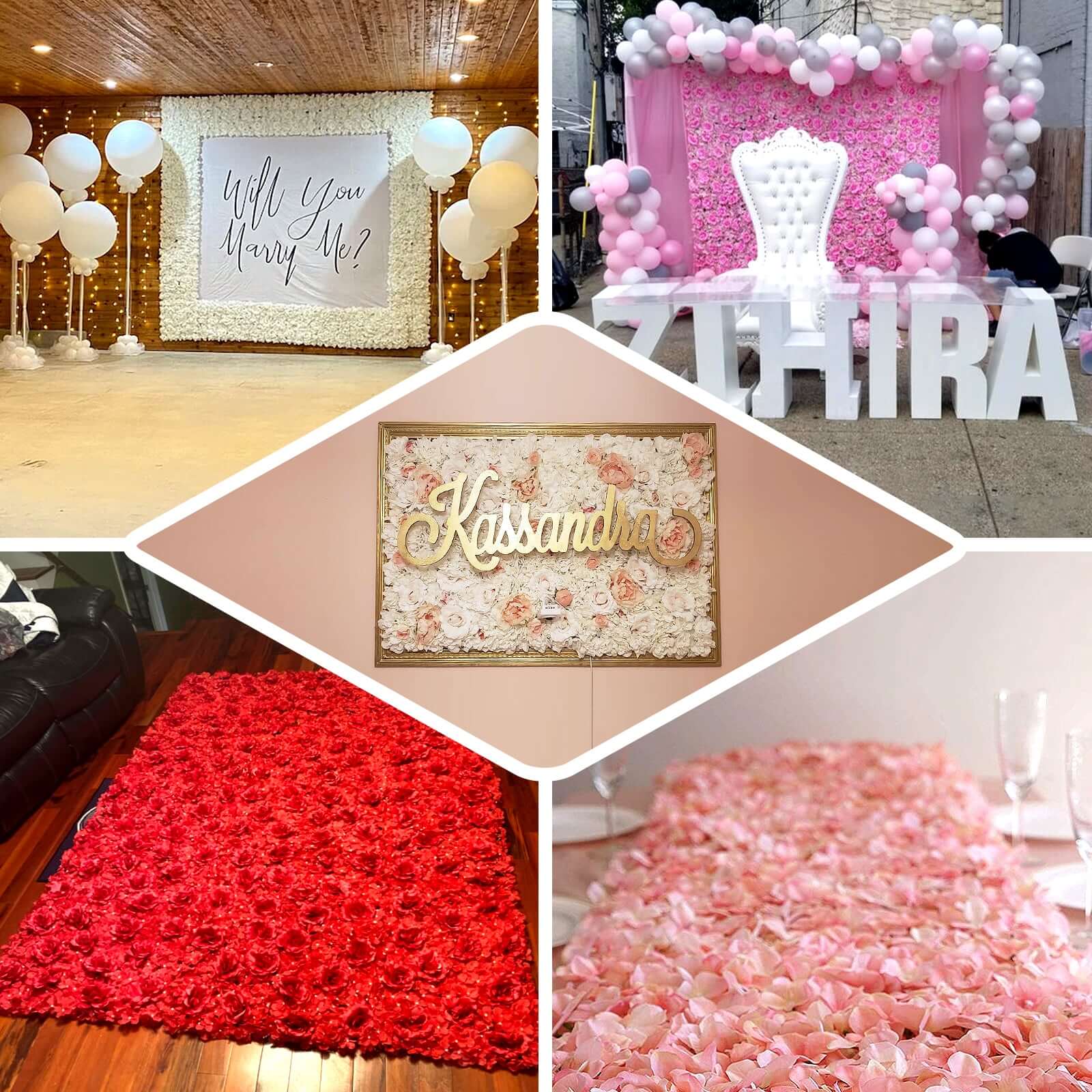 Red 3D Silk Rose and Hydrangea Flower Wall Mat Backdrop 4 Artificial Panels 11 Sq ft.