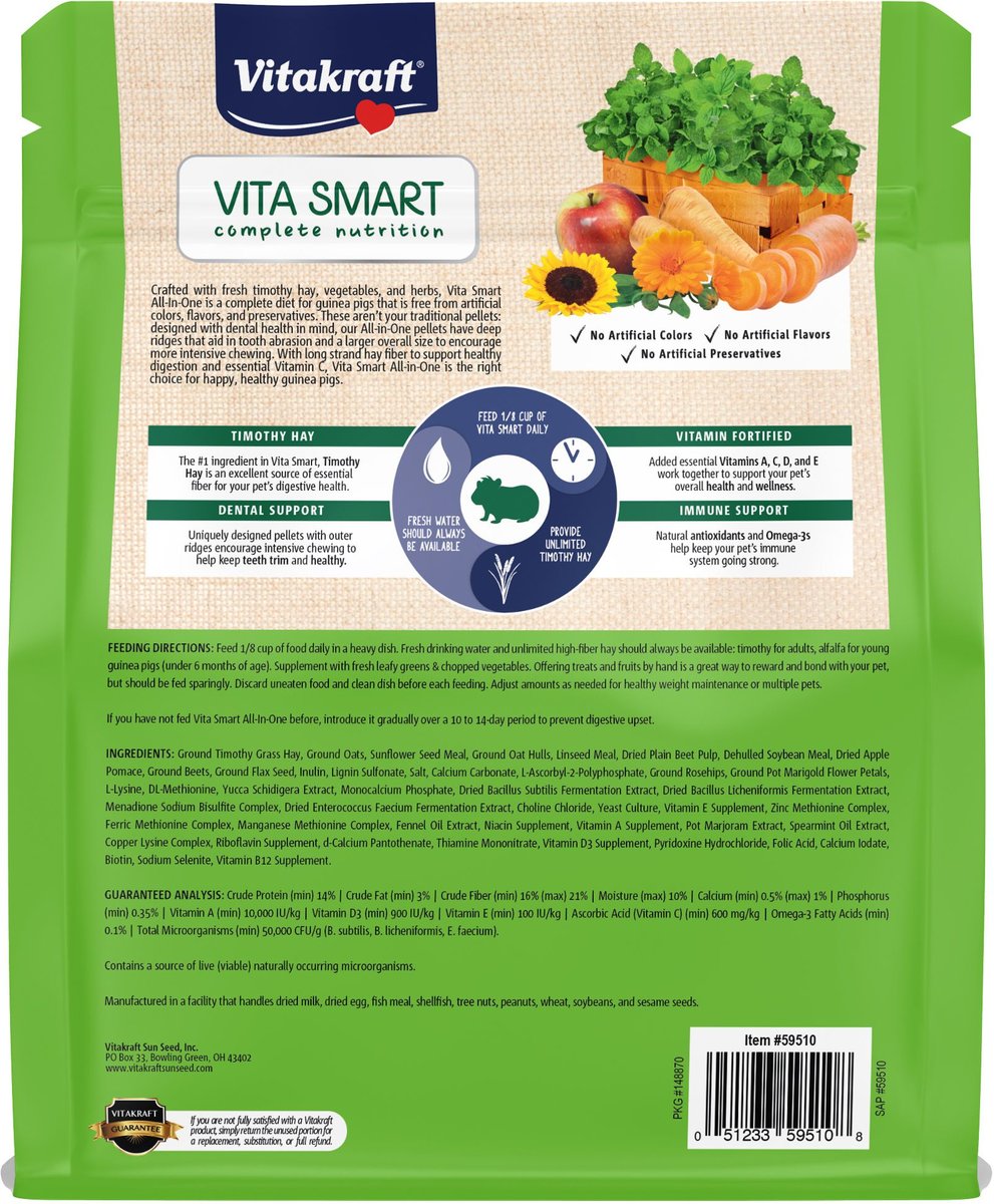 Vitakraft Vita Smart All-In-One Timothy Hay Food Adult Guinea Pig Food， 4-lb bag